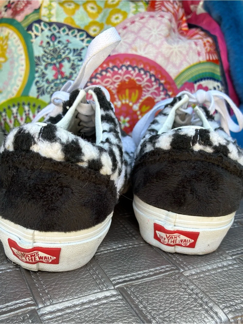 Fuzzy Black & White Checkerboard Lace-Up Sneakers